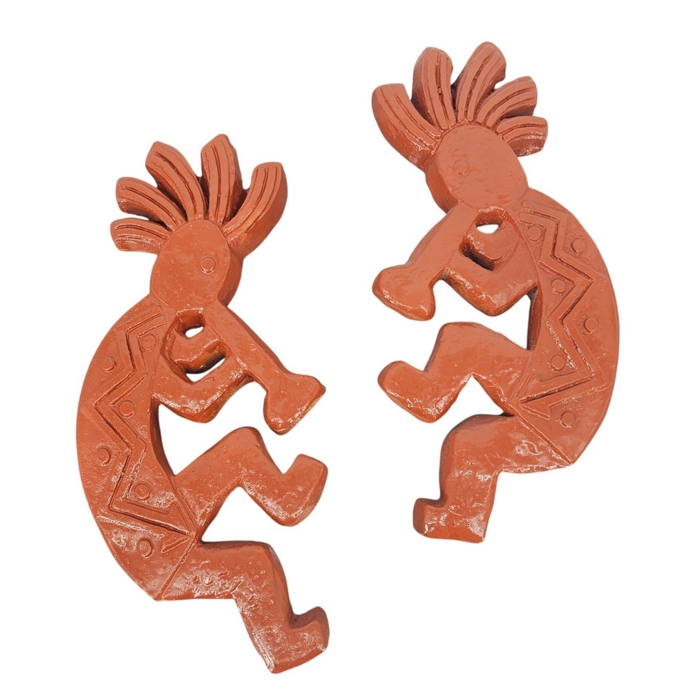 Vintage Mexico Terracotta Kokopelli Wall Hanging Set Glazed Southwest 12" 2pc